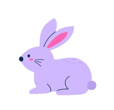 Happy Easter Sticker. Bright icon with cute purple rabbit or bunny. Symbol of traditional Christian holiday. Designs for greeting card. Cartoon flat vector illustration isolated on white background