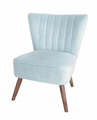 Upholstered chair in mint color with wooden legs on a white background. - 506146706