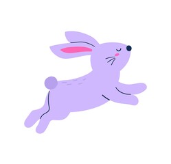 Happy Easter Sticker. Bright icon with purple rabbit jumping up. Furry wild animal or bunny. Design for traditional Christian holiday. Cartoon flat vector illustration isolated on white background