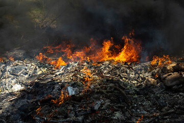 Fire in landfill. Fire and smoke. Burning garbage.