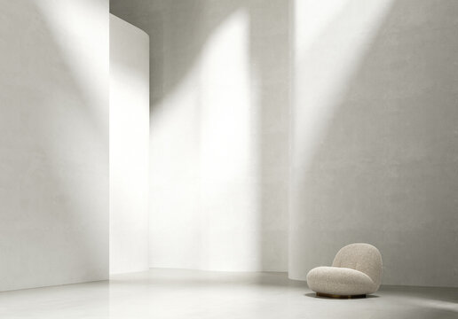 3d minimalistic white interior with armchair, space with sunshine and shadows. 3D rendering illustration mock up.	