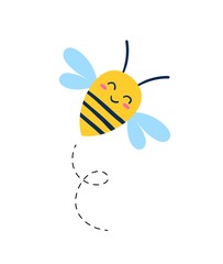 Wasp or bee icon. Bright sticker with smiling bumblebee flying up. Insect carries pollen into hive and makes honey. Design for printing. Cartoon flat vector illustration isolated on white background