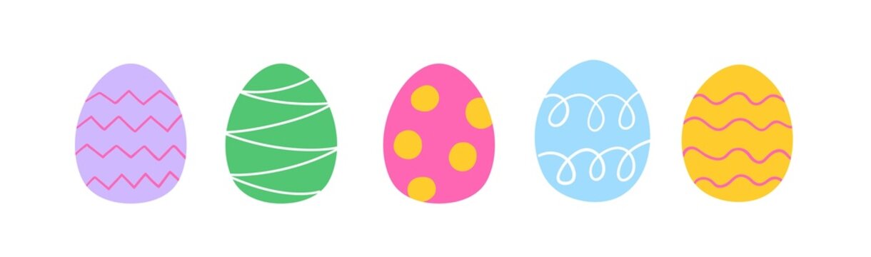 Happy Easter Stickers set. Icons with various colored eggs for traditional religious holiday. Egg hunt. Design for Easter card or pattern. Cartoon flat vector collection isolated on white background