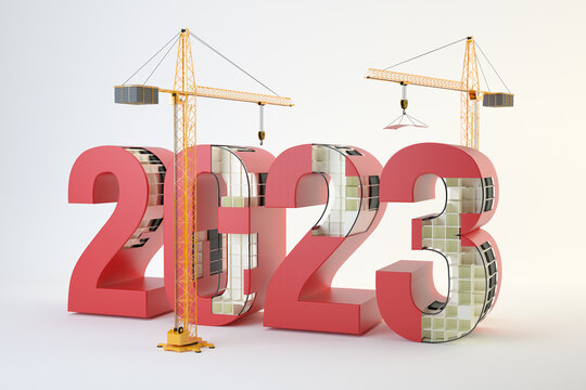 New Year 2023 and cranes, construction concept, 3D illustration