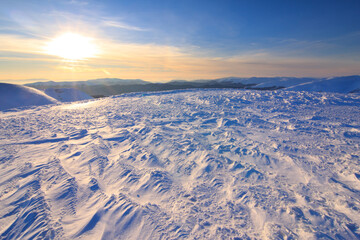 Amazing winter snowy scenery of famous and popular touristic landmark - old desolate observatory on...