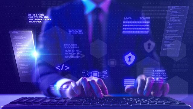Computer programmer hacker coding security platform, internet scam malware, businessman crypto currency investment digital wallet payment technology virus attack identity privacy hacking