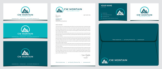 CW mountain logo with stationery, business card and social media banner designs
