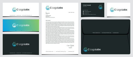 C labs logo with stationery, business card and social media banner designs