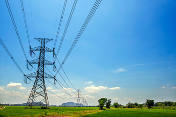 High voltage power lines crisscross green farmland and bright blue skies.