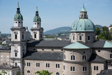 Fototapeta na wymiar Side of 17th-century Salzburg Cathedral (Cathedral of Saints Rupert and Vergilius) in Austria