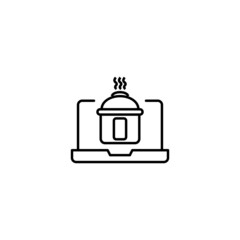 Simple black and white illustration drawn with thin line. Perfect for advertisement, internet shops, stores. Editable stroke. Vector line icon of multicooker on laptop monitor