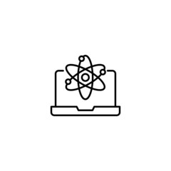 Simple black and white illustration drawn with thin line. Perfect for advertisement, internet shops, stores. Editable stroke. Vector line icon of isolated atoms on laptop monitor