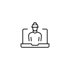 Simple black and white illustration drawn with thin line. Perfect for advertisement, internet shops, stores. Editable stroke. Vector line icon of builder on laptop monitor