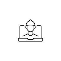 Simple black and white illustration drawn with thin line. Perfect for advertisement, internet shops, stores. Editable stroke. Vector line icon of construction worker on laptop monitor