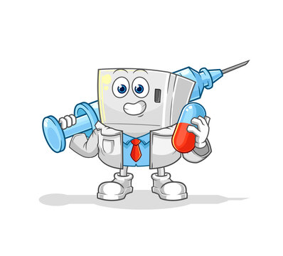 cartoon doctor holding syringe and pill clip art preview