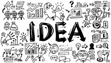 Business words and phrases typography doodle graphic with concept icons and symbols