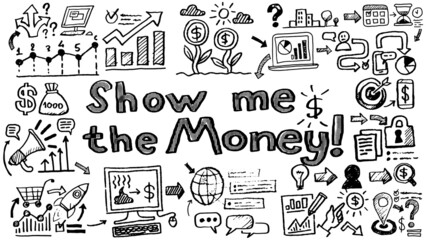 Business words and phrases typography doodle graphic with concept icons and symbols