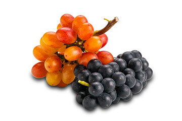 Bunch of ripe black grapes and Crimson Seedless red grapes isolated on white background.