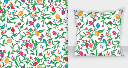 tulips colorful flowers pattern with Square pillow mockup.