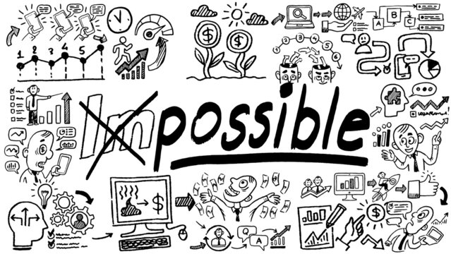 Business words and phrases typography doodle graphic with concept icons and symbols