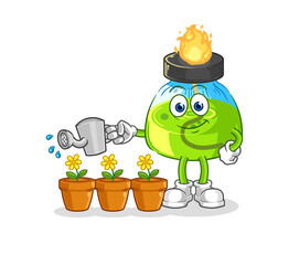 laboratory spirit lamp watering the flowers mascot. cartoon vector