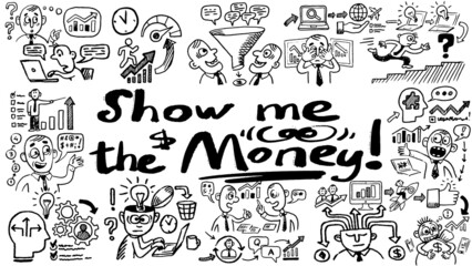 Business words and phrases typography doodle graphic with concept icons and symbols