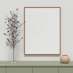 Fototapeta na wymiar Blank picture frame for photographs, art, graphics with Leaves. Frame poster mockup template on the wall in home interior. 3D rendering