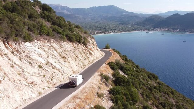 Motorhome (Camper Van) Drives Coastal Road at Lefkada, Greece - Dolly Follow
