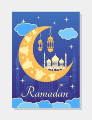 Ramadan Kareem concept. Colorful Islamic greeting card with large crescent moon, clouds and mosque. Postcard, banner or wallpaper for Muslim religious holiday. Cartoon flat vector illustration