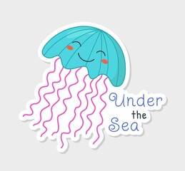 Summer holiday sticker. Bright icon with smiling cute jellyfish living in sea and inscription. Badge for printing. Vacation at sea. Cartoon flat vector illustration isolated on beige background