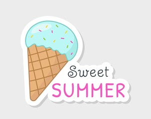 Summer holiday sticker. Icon with delicious refreshing ice cream in waffle cone and inscription. Sweet dessert. Vacation and recreation. Cartoon flat vector illustration isolated on beige background