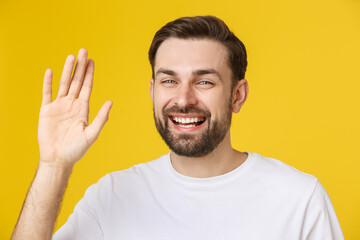 Hi, Hello. Portrait of happy friendly brown-haired man with small beard in white shirt waving hand...
