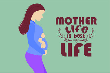 A happy pregnant woman holds her belly.  Decorated beautiful illustration. Vector illustration.