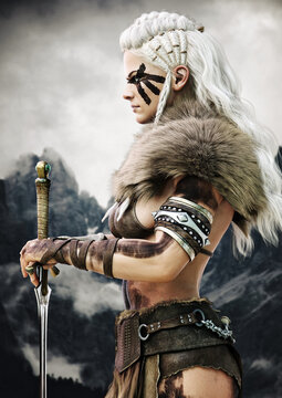 Portrait side view of a fierce viking female warrior with white braided hair and black face paint markings. 3d rendering