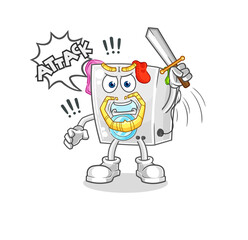 washing machine knights attack with sword. cartoon mascot vector