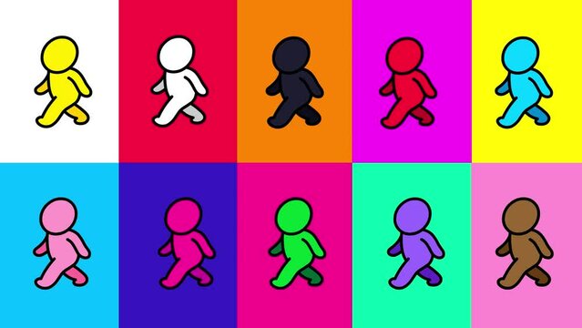 Ten color cartoon stickmen walking on multi color background. Hard outlines. Character animation good for business motion graphic explainer, etc... Seamless loop, alpha channel.