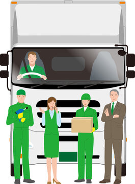 大型トラックと物流会社のスタッフ