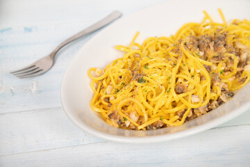 Carbonara di pesce, special plate of carbonara and fish. 