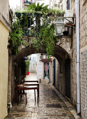 Obraz premium Beautiful narrow street with lantern and plants in old town of Budva, Montenegro