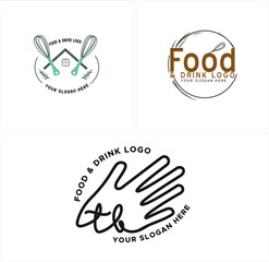 Vector illustration of food and drink logo design with icon symbol whisk bakery and hand palm combination mark logo isolated on white background