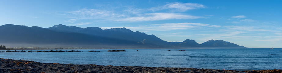 Fototapeta na wymiar Panorama Kaikoura Bay with hills and mountains and sea