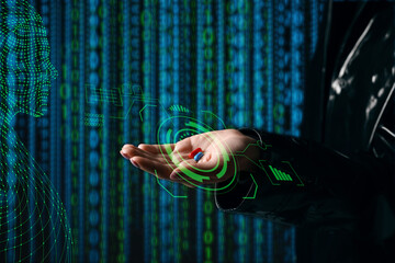 Woman with blue and red pills on dark background. Concept of choice