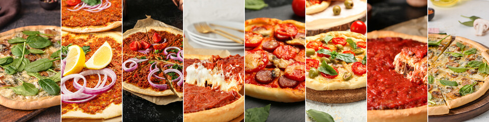 Set of tasty traditional pizzas, closeup