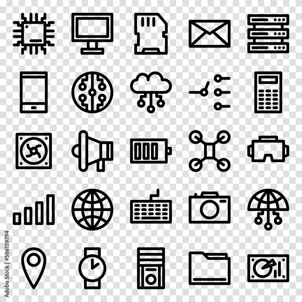 Poster set of 25 device and technology web icons in line style. industry 4.0 concept factory of the future.