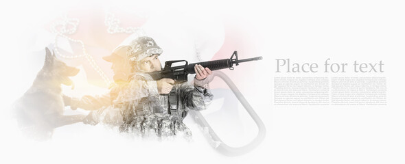 Mature male soldier aiming from assault rifle on white background