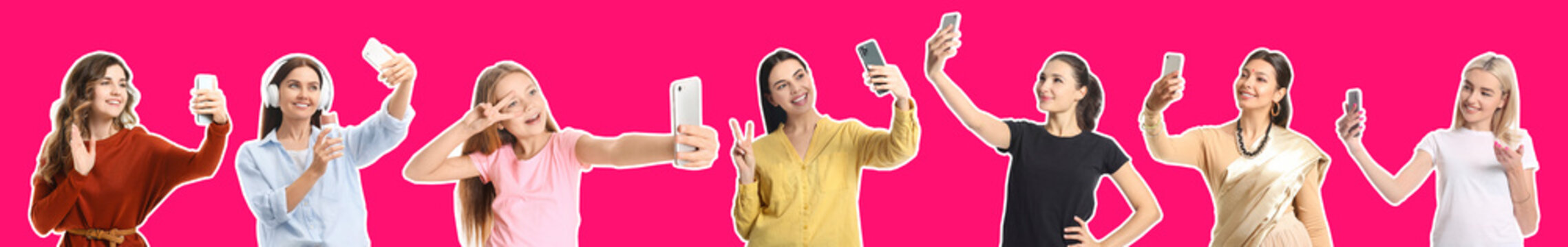 Set of many beautiful women taking selfie on pink background
