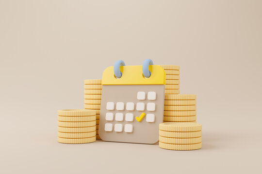 Calendar minimal simple design and gold coins stack on brown background. Time is money concept. Save money and investment. 3d rendering illustration