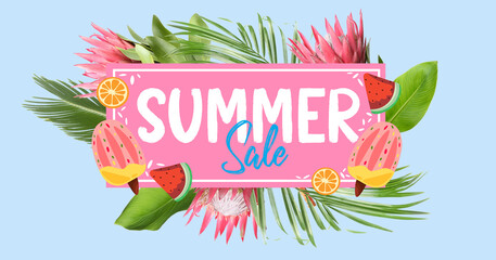 Banner for summer sale with tropical leaves, flowers and fruits
