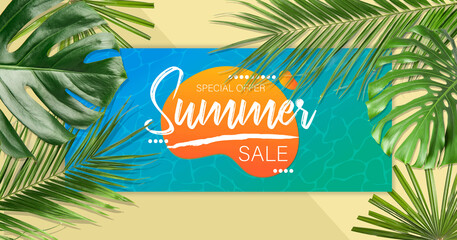 Banner for summer sale with tropical leaves