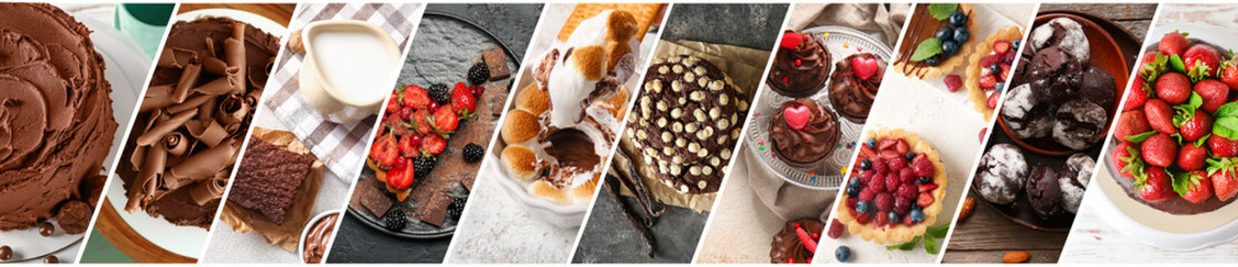 Set of delicious chocolate desserts, top view - obrazy, fototapety, plakaty